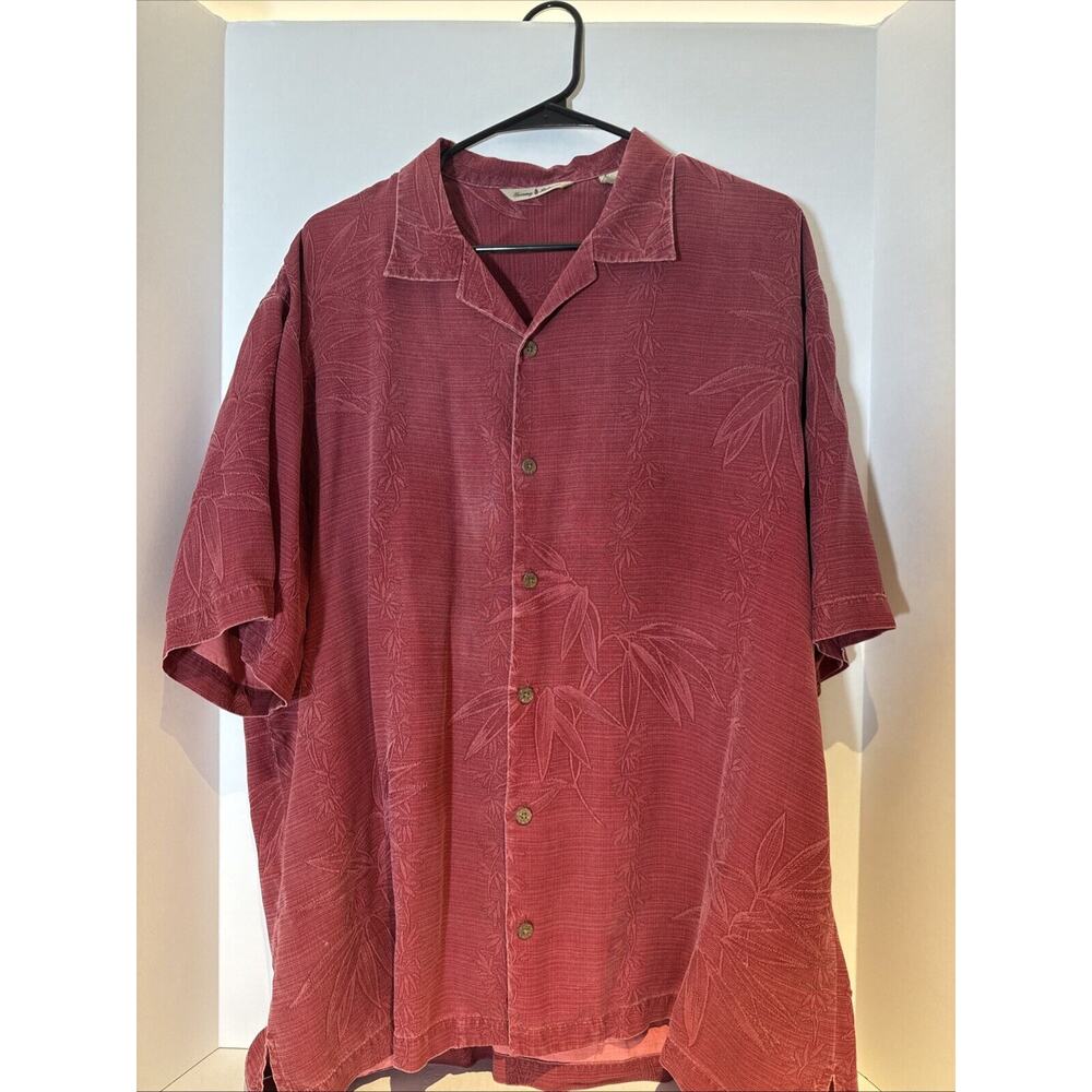 TOMMY BAHAMA 100% Silk Maroon Floral Tropical Aloha Hawaiian Shirt Men Size XL